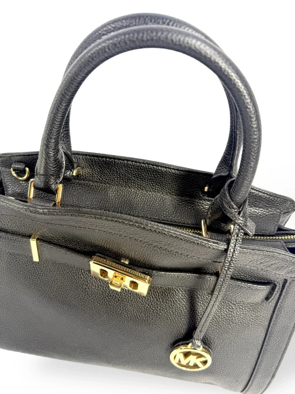 Michael Kors Black Pebbled Leather Satchel with Gold Accents